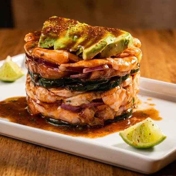 Shrimp and avocado ceviche tower with cucumber and red onion, garnished with lime wedges.