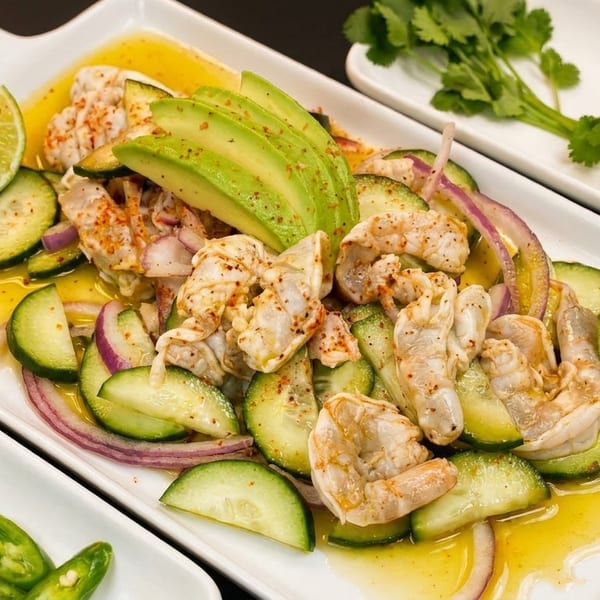 Shrimp ceviche with sliced cucumbers, red onions, avocado, and lime wedges on a white platter.