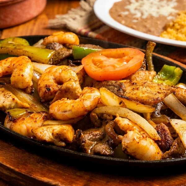Sizzling fajitas with shrimp, chicken, beef, onions, peppers, and tomato in a cast iron skillet.
